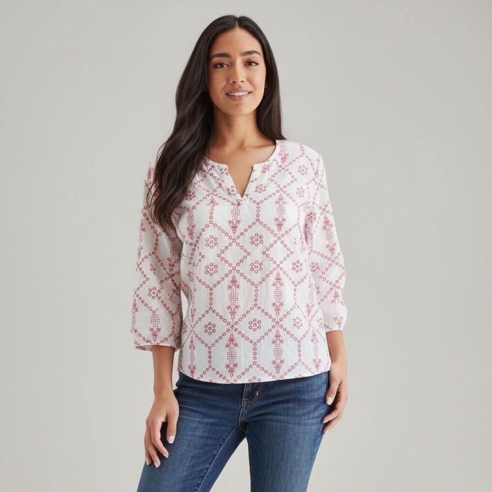 Chico’s White Red Embroidered Boho Cotton Tunic Top‎ Size 2 Large